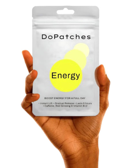 Hand holding a package of DoPatches Energy on a white background