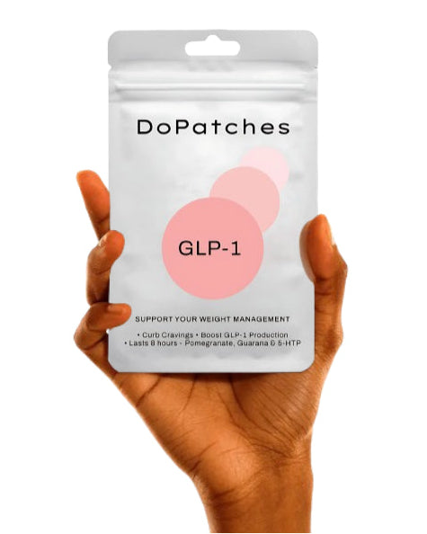 Hand holding a package of DoPatches GLP-1 on a white background