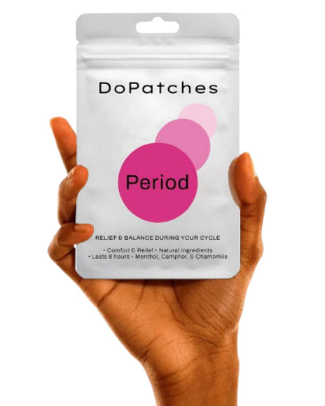 Hand holding a package of DoPatches Period product on a white background