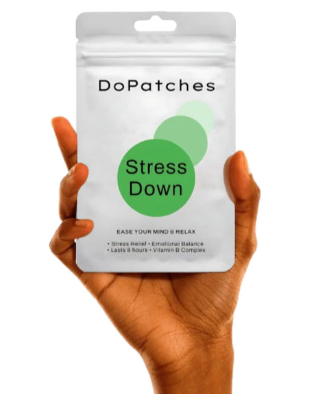 Hand holding a package of DoPatches Stress Down on a white background