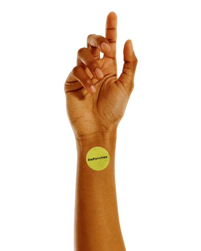 Hand with a Energy Patch on the wrist against a white background