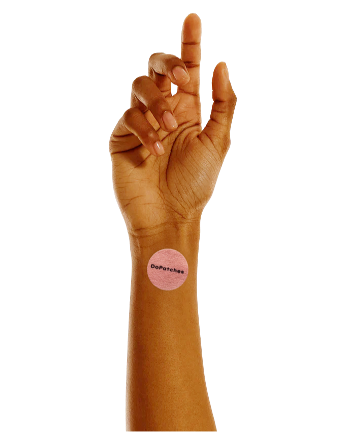 Hand with a GLP-1 Patch on the wrist against a white background