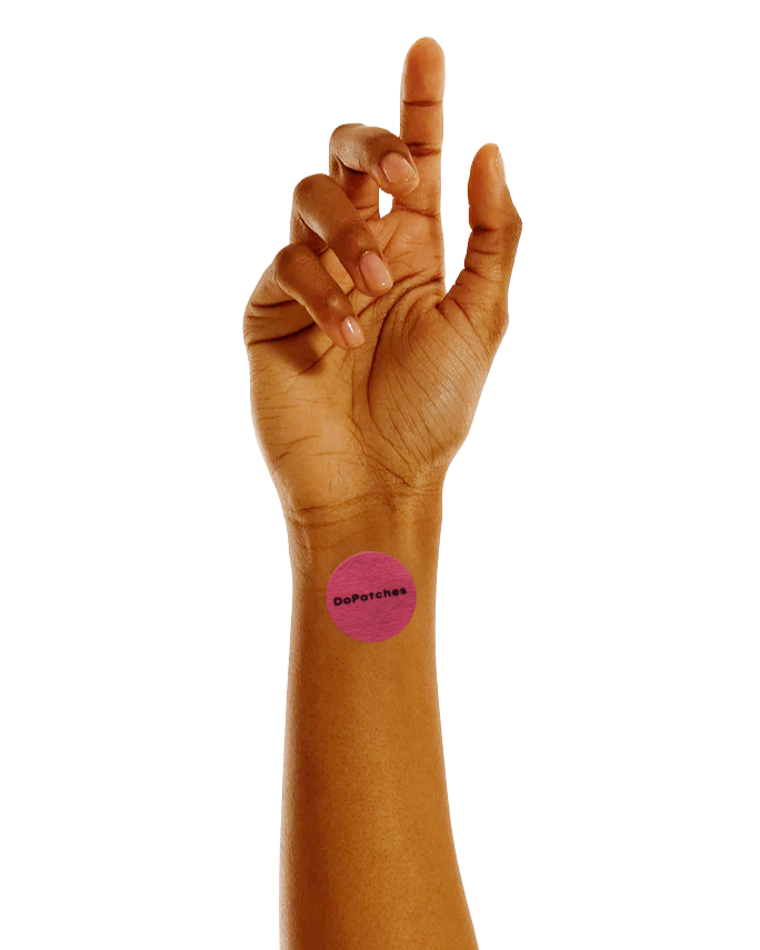 Hand with a Period Patch on the wrist against a white background