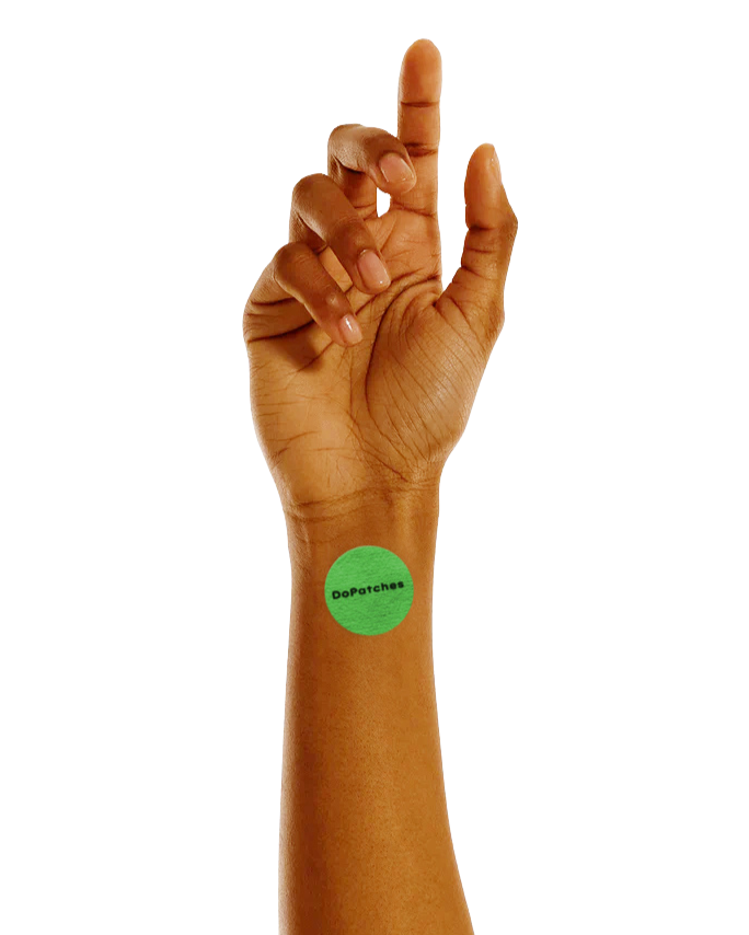 Hand with a Stress Down Patch on the wrist against a white background